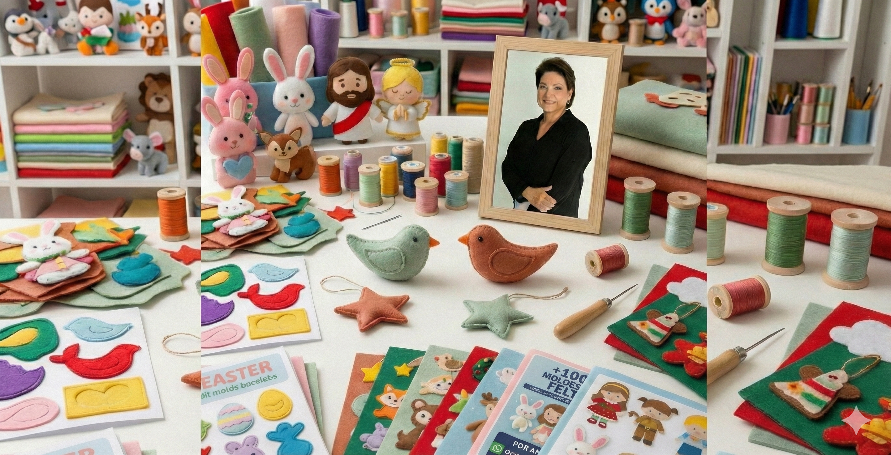 Ateliê com diversos trabalhos em feltro, materiais e foto da autora